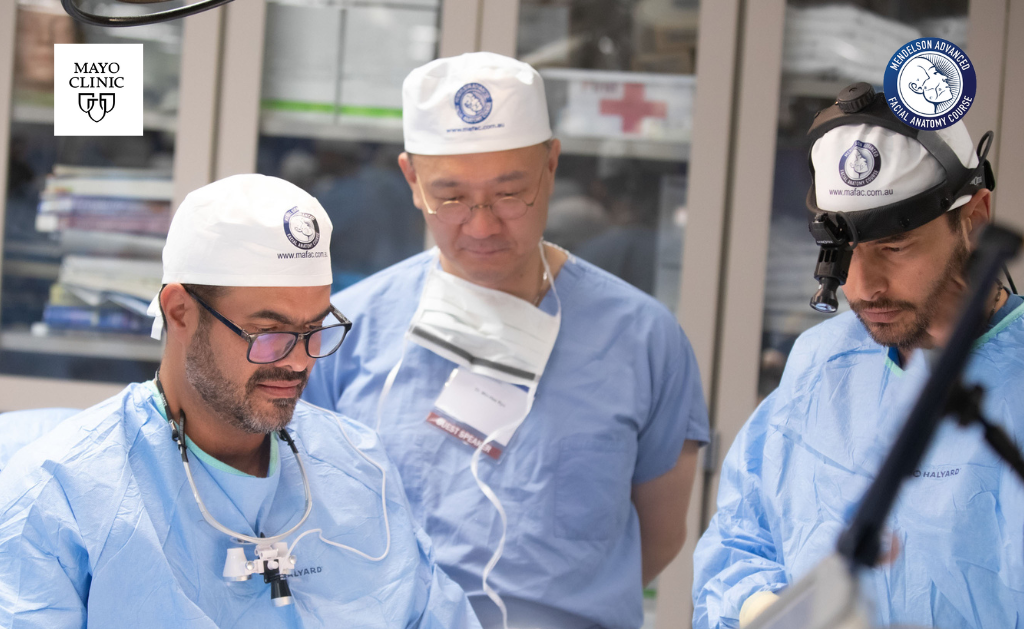 Dr. Min-Hee Ryu (centre) during a cadaver dissection session at the Mendelson Advanced Facial Anatomy Course, Mayo Clinic