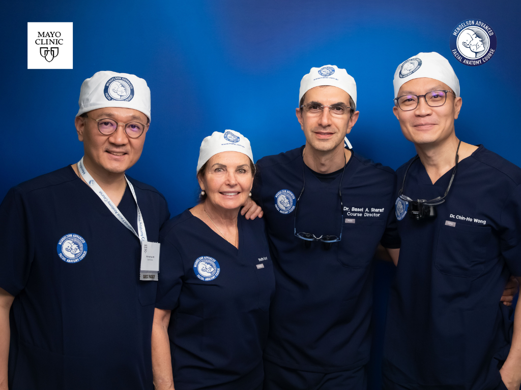 Course faculty at the Mendelson Advanced Facial Anatomy Course, Mayo Clinic &mdash; Dr. Min-Hee Ryu (left), Dr. Basel A. Sharaf, Course Director, and Dr. Chin-Ho Wong