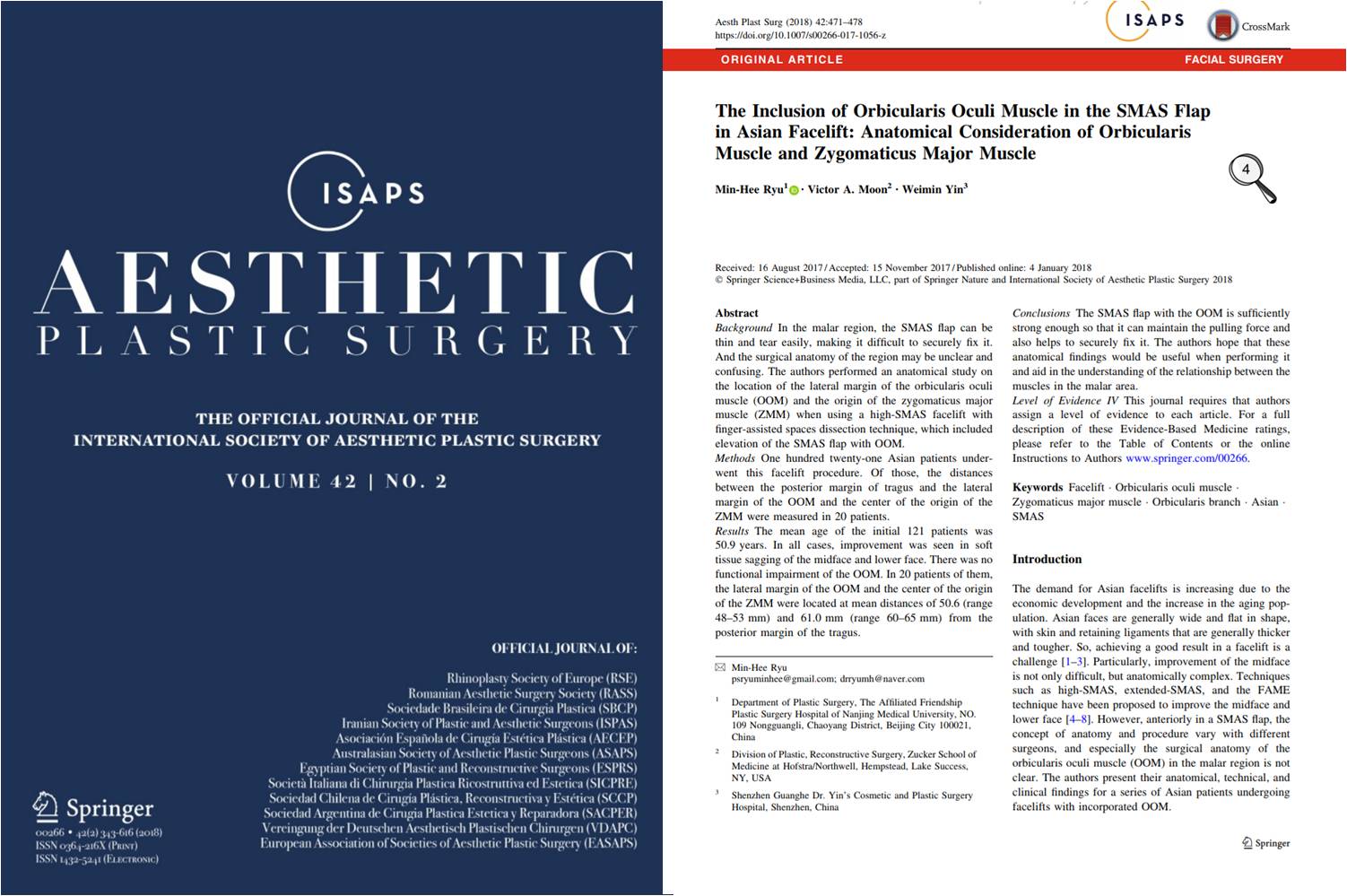 Aesthetic Plastic Surgery 2018 &mdash; The Inclusion of Orbicularis Oculi Muscle in the SMAS Flap in Asian Facelift, Min-Hee Ryu